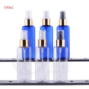 

(30pcs) 100ML transparent/blue square plastic spray bottle gold aluminum sprayer cosmetic containers perfume bottle with spray
