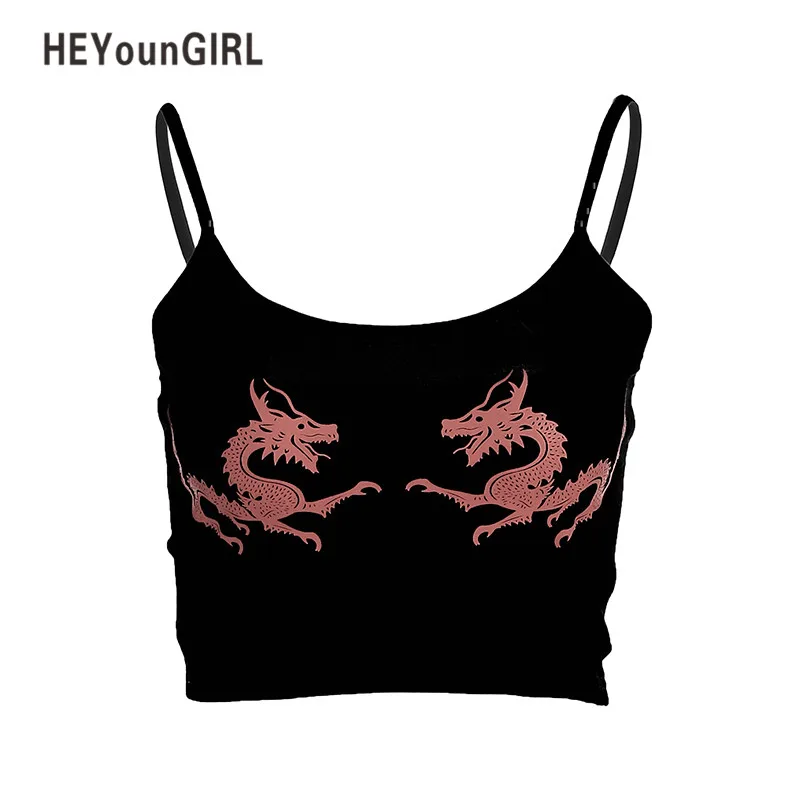 

HEYounGIRL Tank Top Dragon Printed Crop Tee Shirt Tube Tops Sexy Seamless Bandeau Sleeveless Wrap Chest Black Party Bra Clubwear