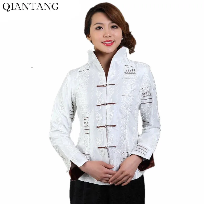 High Quality White Female Silk Satin Embroidery Jacket Coat Long Sleeves Flowers Size S M L XL