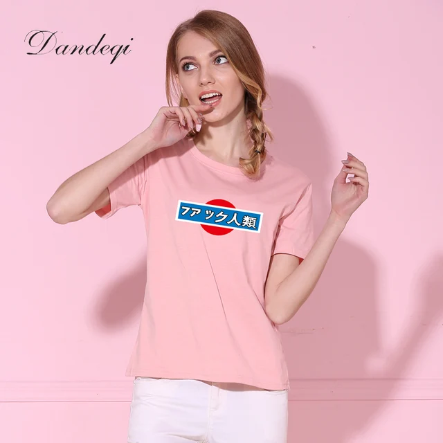 Dandeqi 2017 Women T-shirt Harajuku Ladies Tops Japanese Words Print Casual Funny T Shirts Cotton Tee Shirt Femme Blusa
