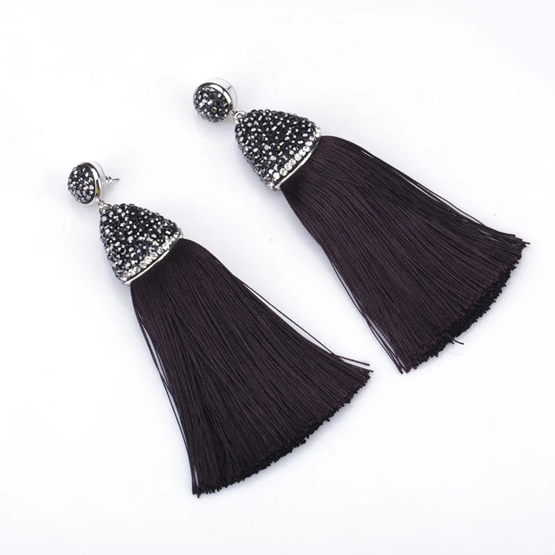 

Bohemia Boho Classic Black Silk Fabric Thick Tassel With Black Rhinestone Cap Connector Studs Dangle Tassel Earring For Women