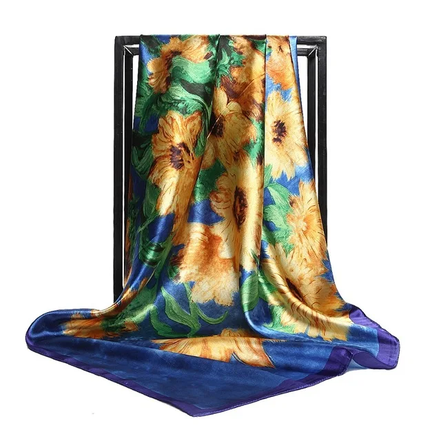 Весенне-летний цветной шелковый шарф с масляным цветочным принтом, Женский Большой сатиновый хиджаб, шарфы, платок, шаль, обертывания 90x90 см - Цвет: Темно-бордовый