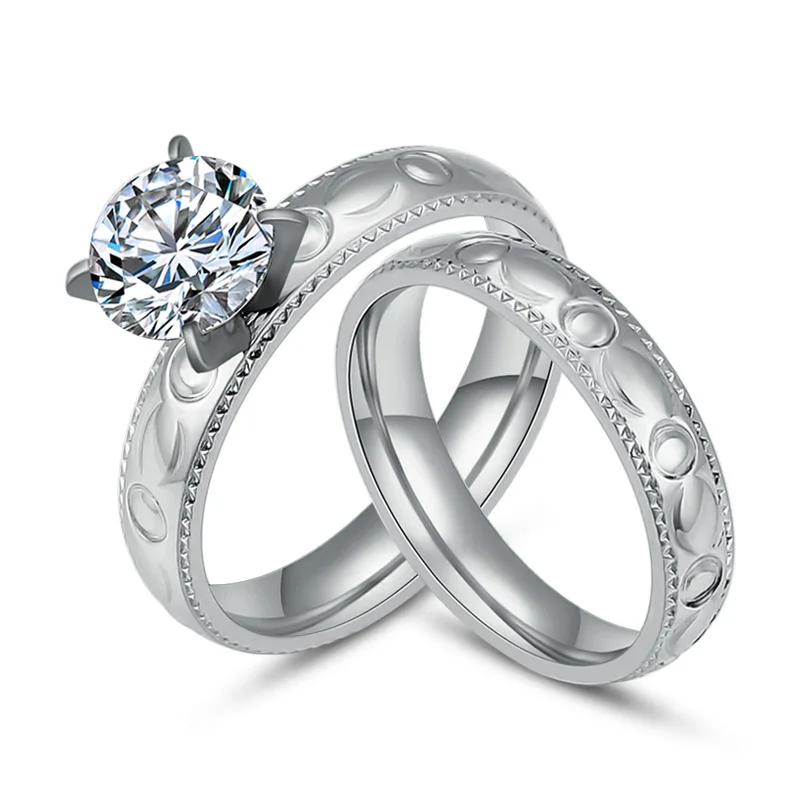 Princess Cut Cubic Zirconia Titanium Steel Wedding Engagement Rings Set Couple Ring For Women And Men Silver/Rose/Gold Color