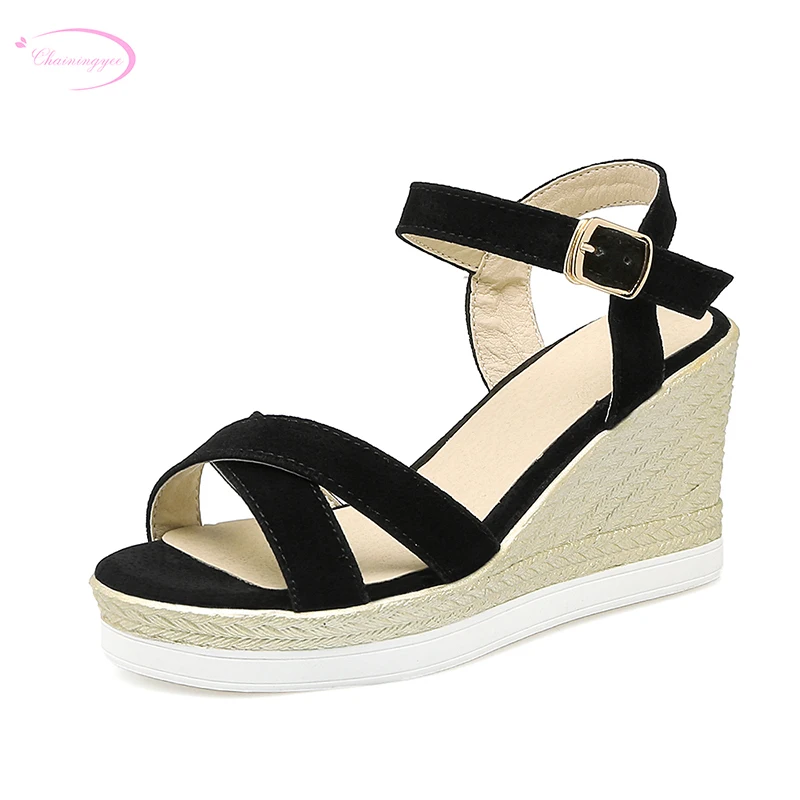 

Chainingyee sweet college summer cool sandal belt buckle platform black grey green wedge high heel women's shoes big size