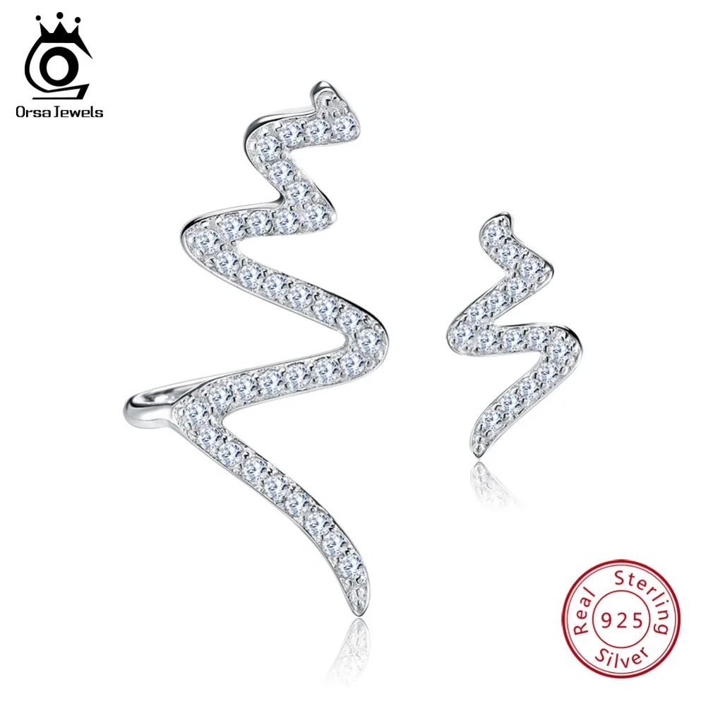 

ORSA JEWELS 925 Sterling Silver Stud Earrings For Women Geometric Shape With AAA Zircon Asymmetry Different Earing Jewelry OSE05