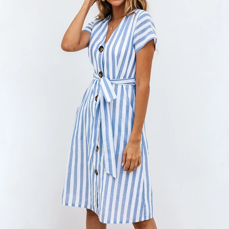 

Buttons Striped Printed Knee Length Dress Women Clothes Short Sleeve V-Neck Sundress Summer Holiday Femme Robe Streetwear GV457