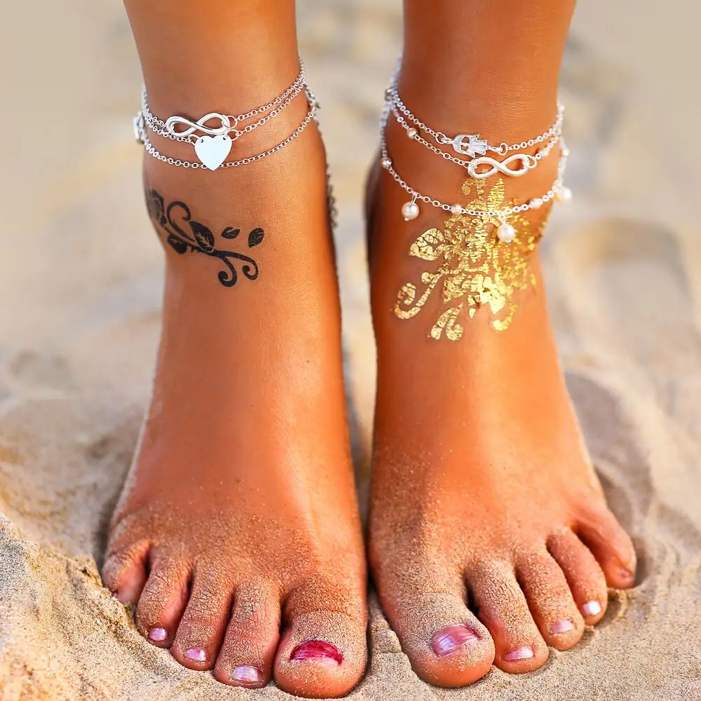 QASIMOF Bracelet de Cheville Coeur Boho Heart Anklets Bracelets de Cheville Argent Multicouches R/églable Bracelets de Plage Pied Cha/îne Cadeau Bijoux pour Femmes et Filles
