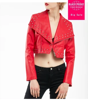 

red Autumn beading great quality short pu leather jacket fashion brand street style short locomotive pu leather jacket wj1221