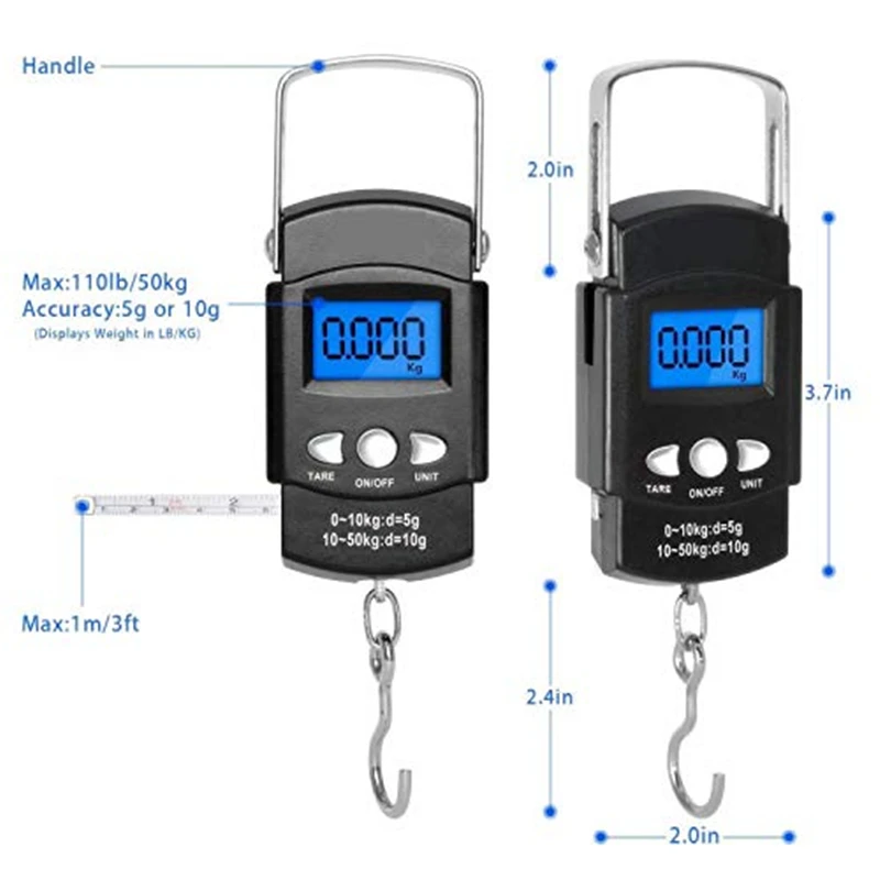 KALAIDUN Electronic Digital Hook Scale 50Kg10g Luggage Suitcase Weight Scale Pocket LCD Backlit Hand Held With Tape Measures2