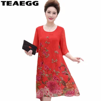 

TEAEGG Robe Vintage Dress Vestidos Mujer 2020 Plus Size 4XL 5XL Floral Red Silk Dress Women Clothes Summer Dresses Casual AL1067
