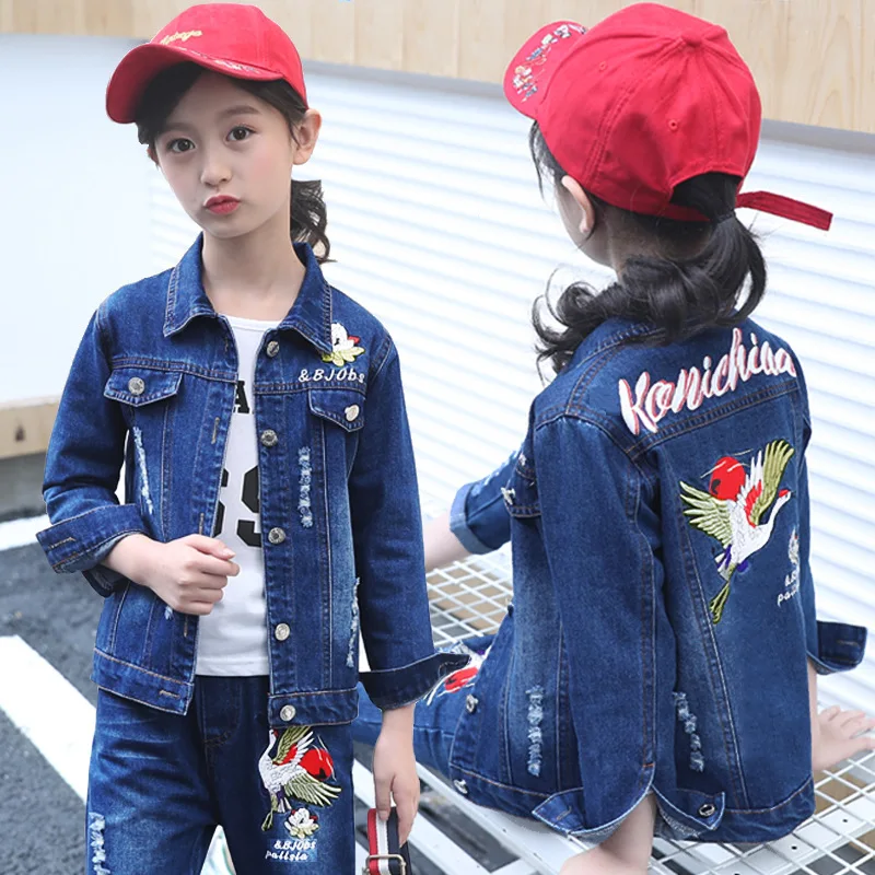 

2019 Spring Autumn Girls Clothes Set 5 6 10 12 year Kids Denim Set Animal Embroidered Denim Jackets And Jeans Cartoon Pants