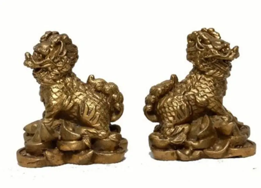 China Chinese Fengshui Brass animal Door Kylin Chi-lin Qilin wealth Statue Pair