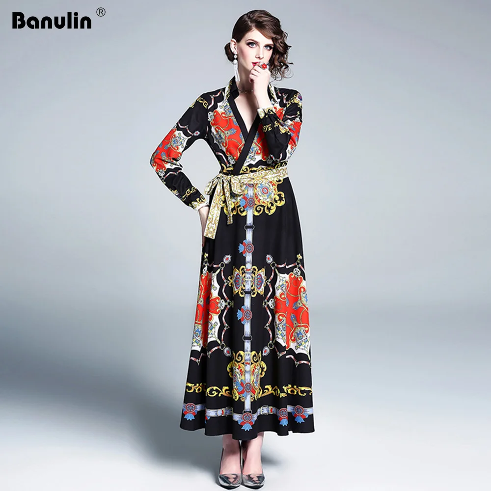 Banulin الخريف الشتاء المدرج خمر ماكسي اللباس المرأة الأزياء كم طويل فضفاض كبير حجم رداء عارضة عطلة ماكسي فستان طويل