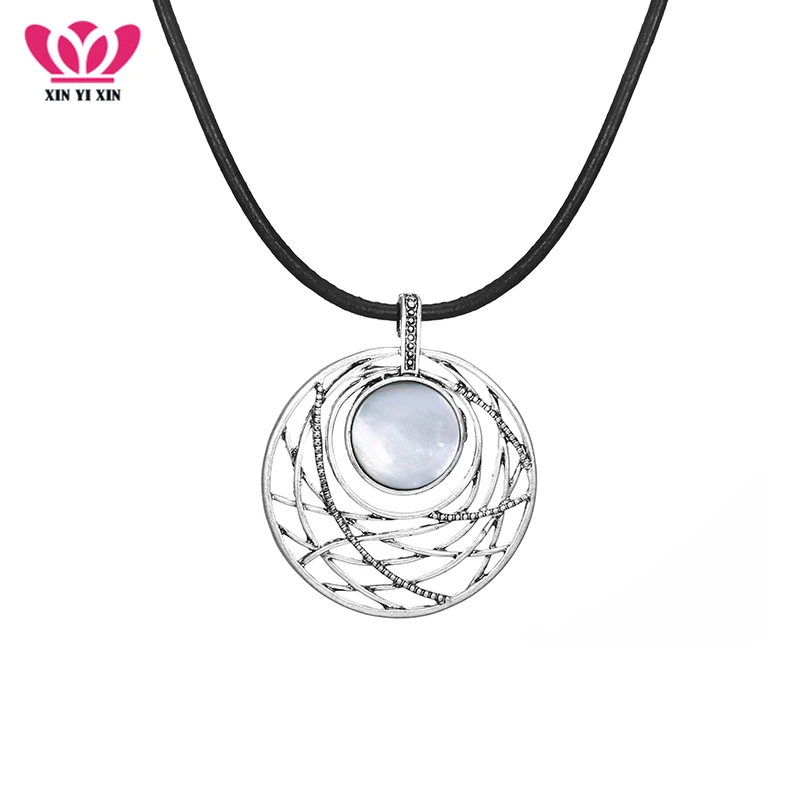 

Natural Shell Pendant Necklace Ethnic Black Leather Dreamcather Necklace Bohemian Jewelry For Women dropshipping Gift 2018 New