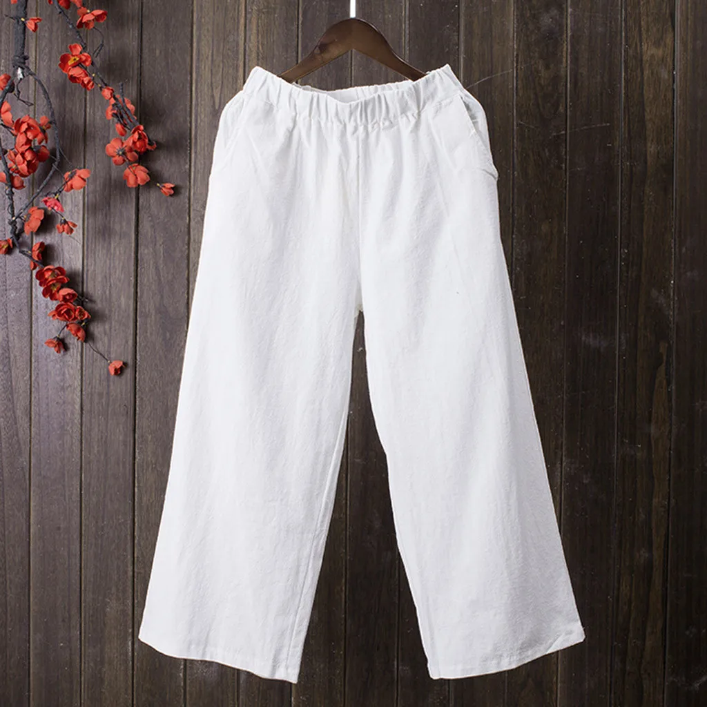 

Feitong Trendy Women Loose Pants Casual Pocket Cotton Linen Pants Solid Color Wide Leg Trouser Plus Size Harem Pants M-XXL