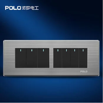 

Free Shipping, POLO Luxury Wall Light Switch Panel, 7 Gang 2 Way, Champagne/Black, Push Button LED Switch, 10A, 110~250V, 220V