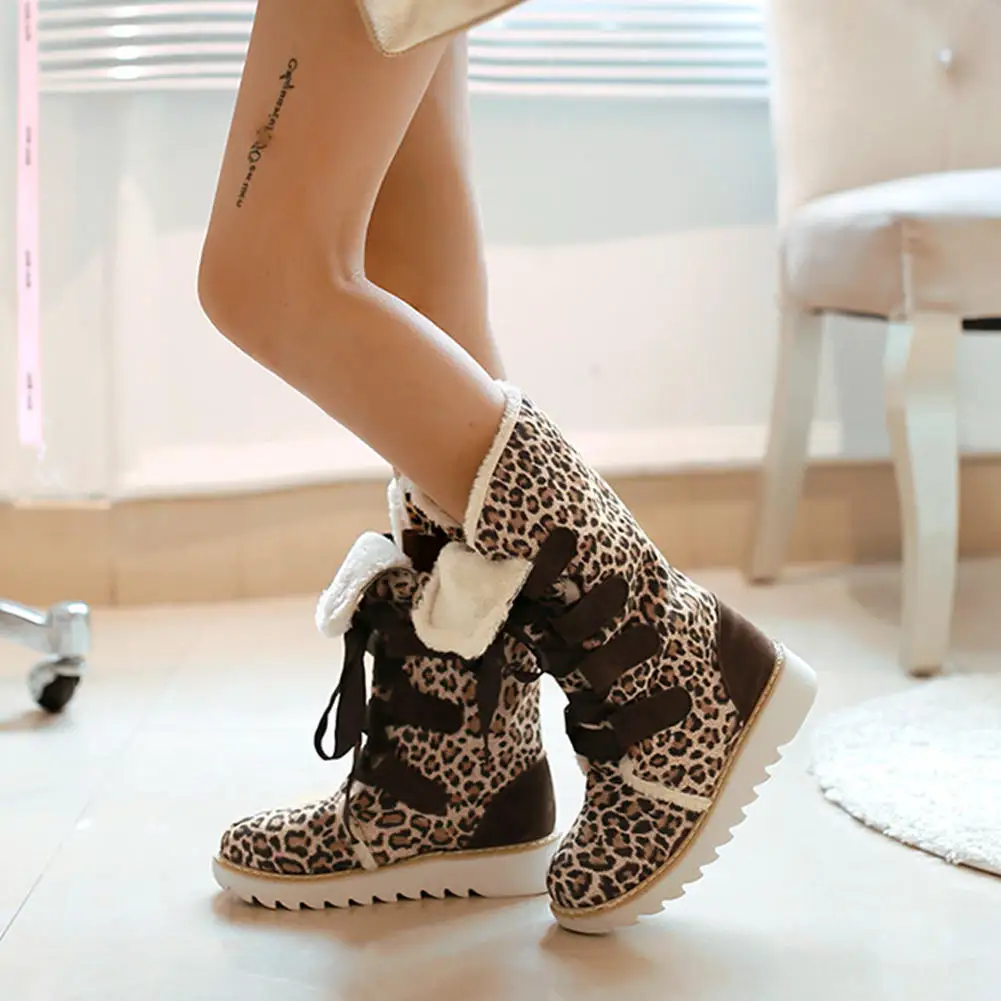 BONJOMARISA, большой размер 34-43, женские Модные леопардовые зимние сапоги до середины икры женские зимние теплые меховые сапоги на шнуровке женская обувь на платформе