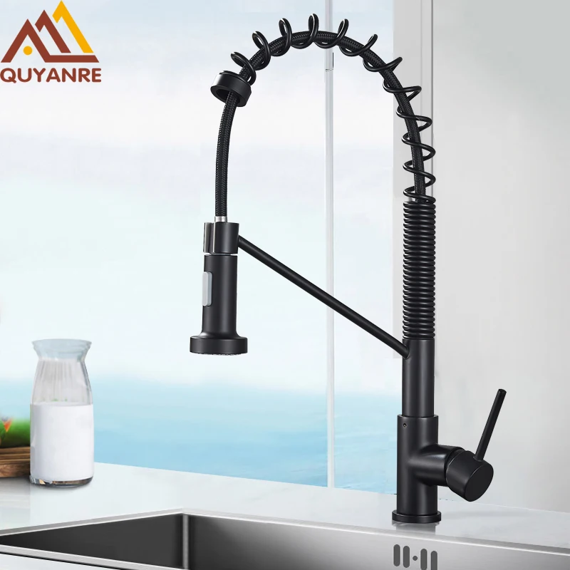 Quyanre-Matte-Black-Pull-Down-Kitchen-Spring-Faucet-Single-Level-Mixer-Tap-360-Rotation-2-way1 