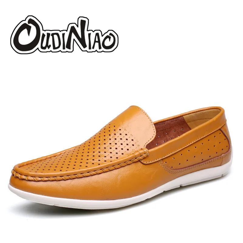 

OUDNIAO Men Casual Shoes 2018 Fashion Men Shoes Split Leather Men Loafers Moccasins Slip On Breathe Cut Outs Loafers Male Shoes