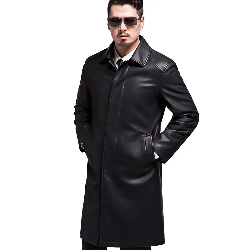 KUYOMENS Mens Business Suit Collar Long Trench Coat Casual Long PU Leather Jacket