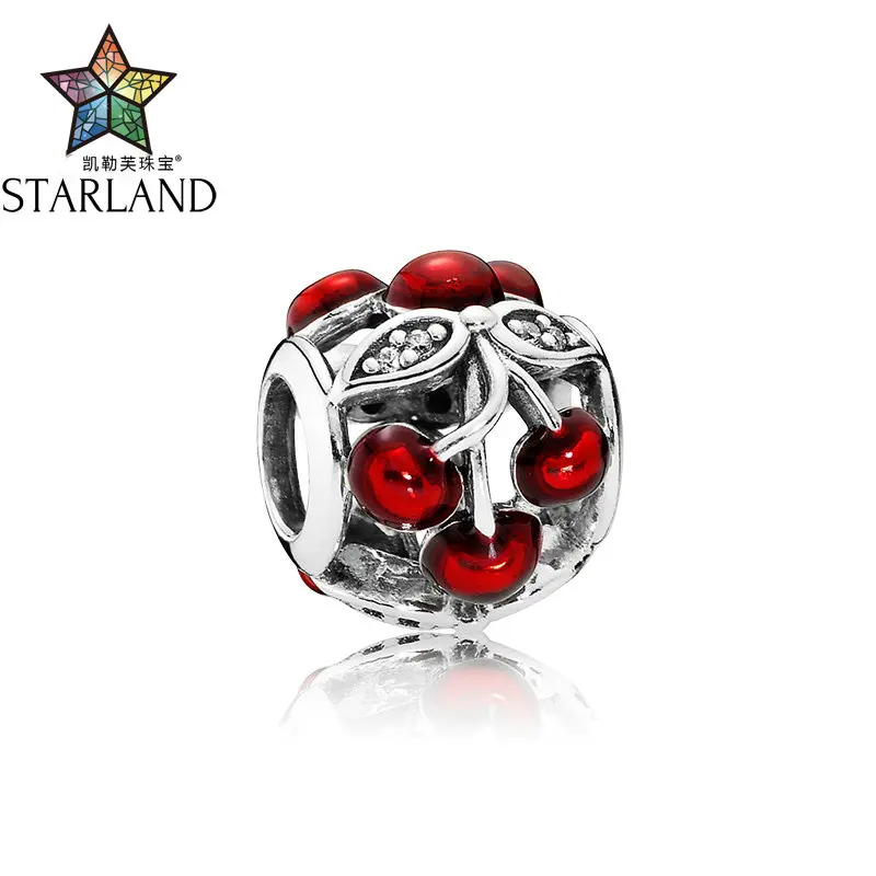 

Starland Fashion 925 Sterling Silver Charm Sweet Cherries Glossy Red Enamel CZ Beads Fit Original Charms Bracelet Women Jewelry