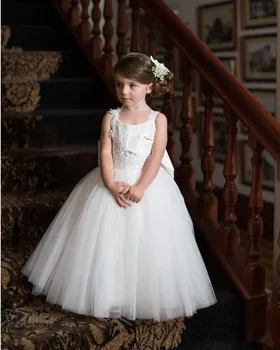 

Pretty Ball Gown with Bowknow Back Lace Tulle Flower Girl Dresses for Wedding Party First Communion Custom Made
