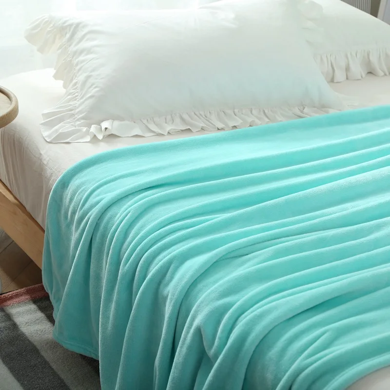 Light blue fleece blanket on the bed,upgraded flannel bedspread for