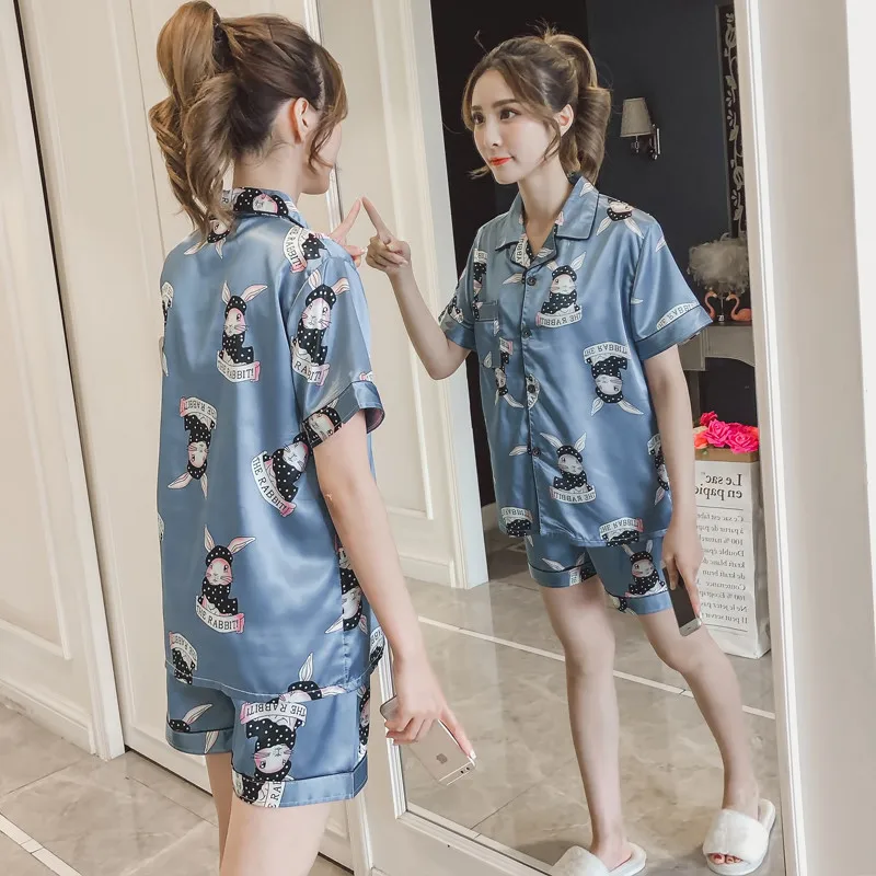 Плюс размер Лето 2018 Модные женские пижамы отложным воротником пижамы 2 комплект из двух предметов футболка + шорты с рисунком повседневный