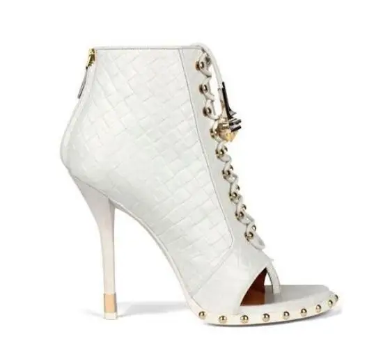 Newest Designer Black White Embossed Leather Open Toe Studded Ankle Boots Lace-up Gladiator Sandal Boots For Women Free Ship Women's Shoes