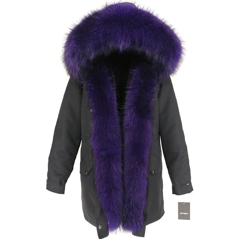 Женская парка с мехом енота OFTBUY, черное водонепроницаемое пальто на меху, с большим капюшоном с отделкой из натурального меха енота, верхняя одежда со съемным мехом, зима - Цвет: black purple
