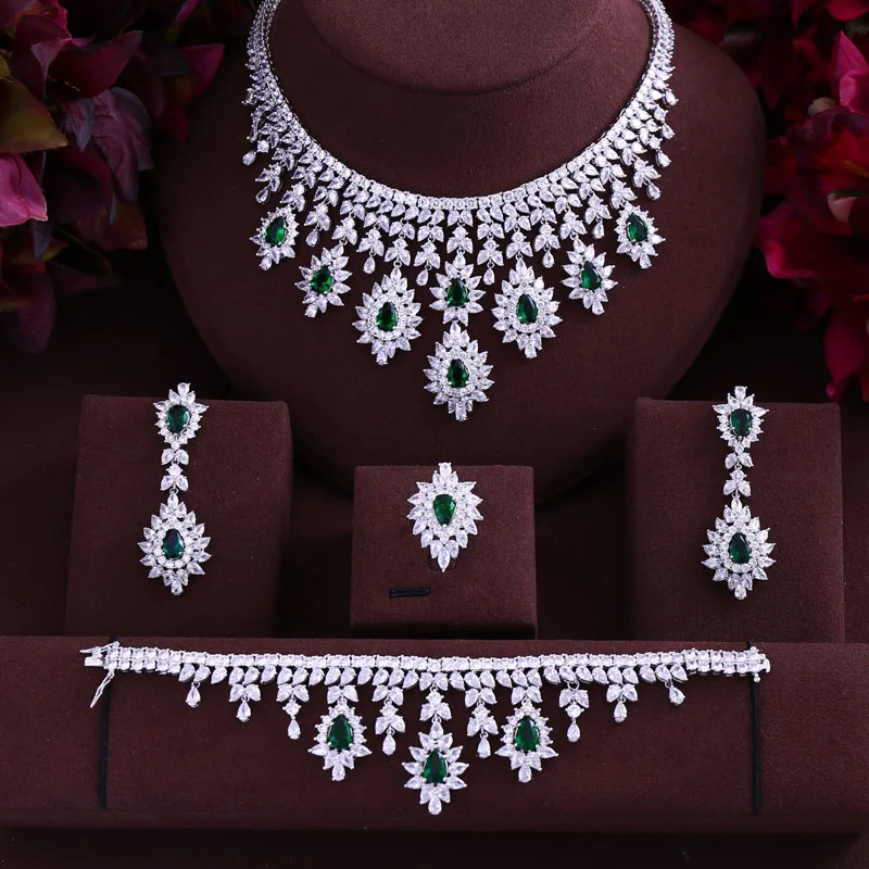 Green Blue Black Red cubic zirconia necklace drop earrings bracelet and ring 4pcs dubai wedding Bridal full jewelry set