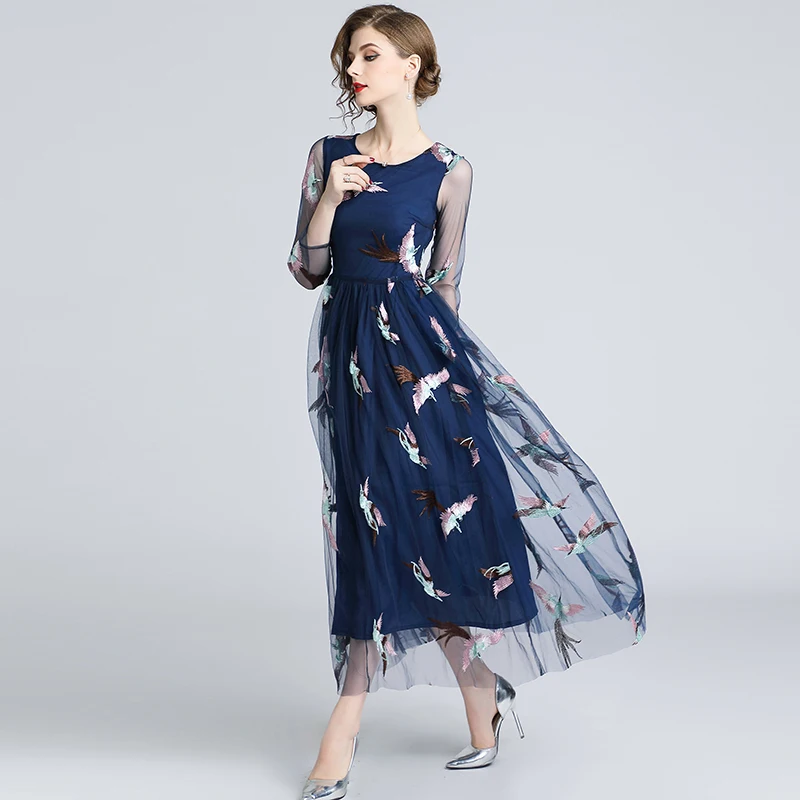 

Runway Design Tulle Lace Vestidos Verano Gauze Embroidery Phoenix Dress Elegant Women Clothes 2018 Summer Autumn Blue Long Dress