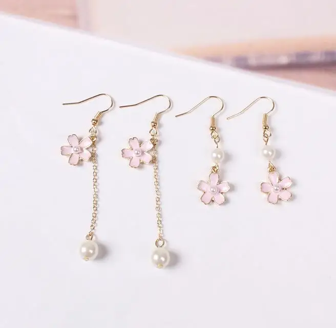 

2018 New Fashion Japanese Style The Cherry Blossom Series Simple Imitation Pearl Tassel Sakura women Flower Long Drop Earrings