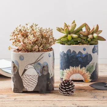 

Original handmade pottery flowerpot large square hand-painted meat floral pot ancient style flower pot potted plant Korean