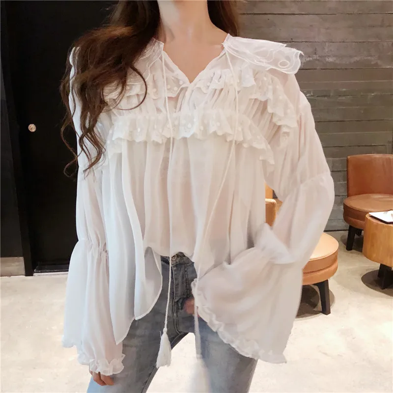  Woherb Elegant Lace Shirt Women Causal Solid White Blouses Ruffles Blusas Bandage Ladies Tops Long 