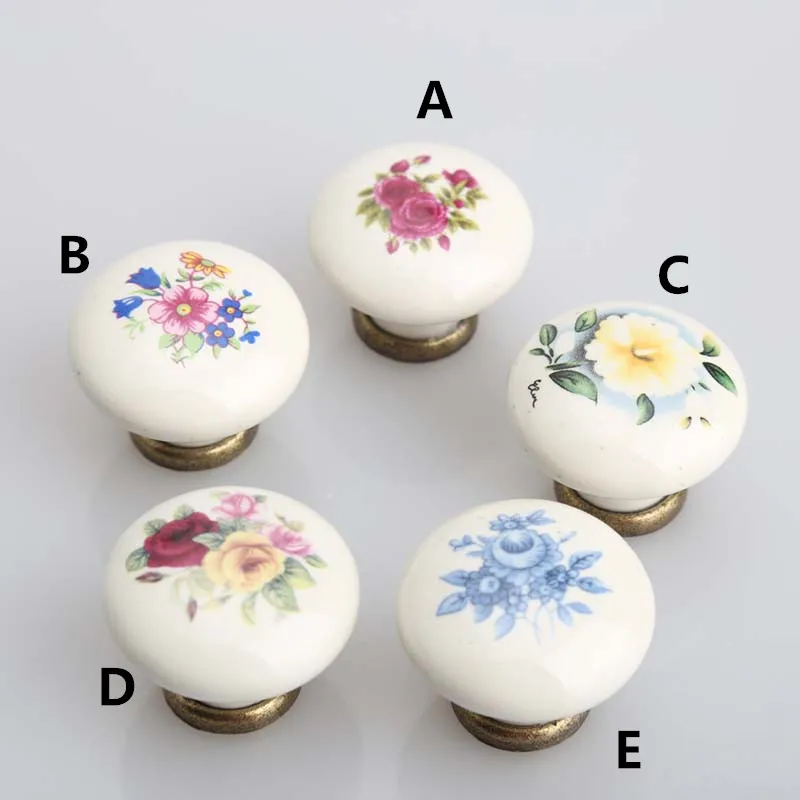 Rustico rural ceramic drawer cabinet knobs pulls handles white blue red flower porcelain dresser cupboard door