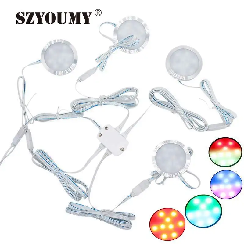

SZYOUMY Set of 4 Under Cabinet RGB Light Kit 9LEDs Puck Lamp IR Remote Control Multi-color Mood Lighting for Kitchen