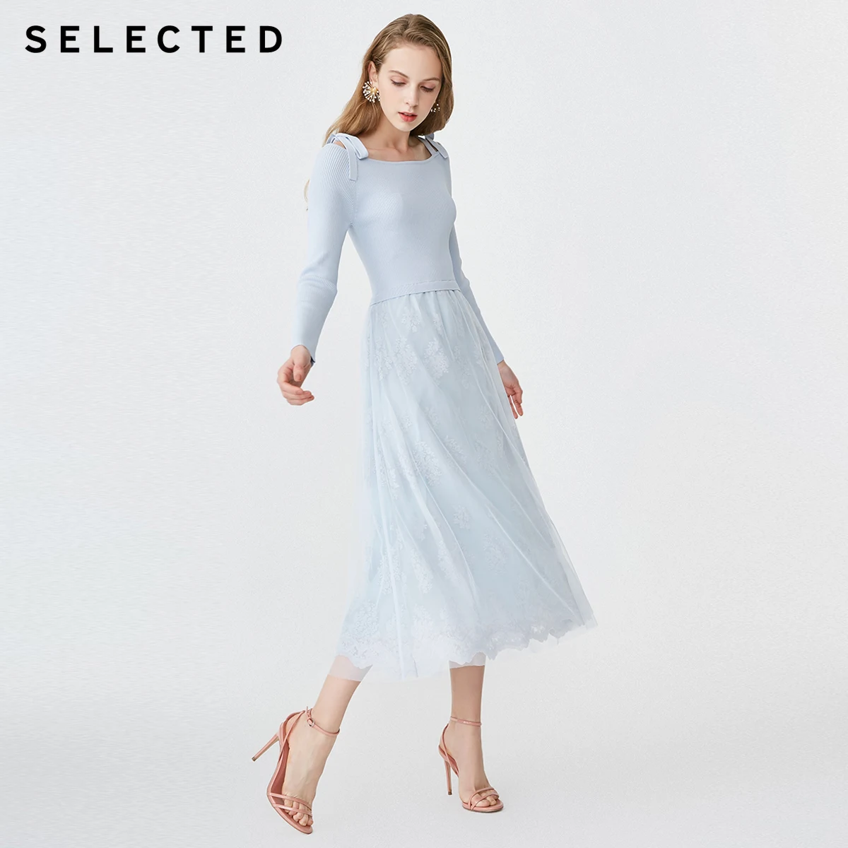 

SELECTED Women's Spring Knit Splice Lace Slim Fit Umbrella Shape Dress S|419146502
