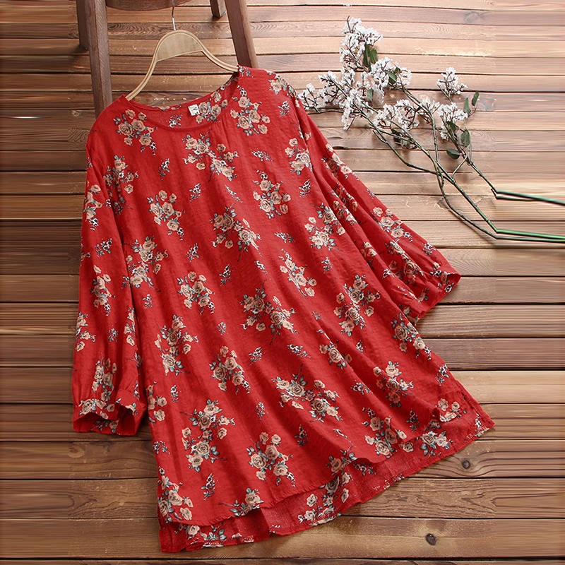 Hot Sale Beautiful Women Blouse Baggy Floral 3/4 Sleeve Shirt Ladies Summer Casual Street Daily Loose Tunic Tops Crew Neck S-5XL