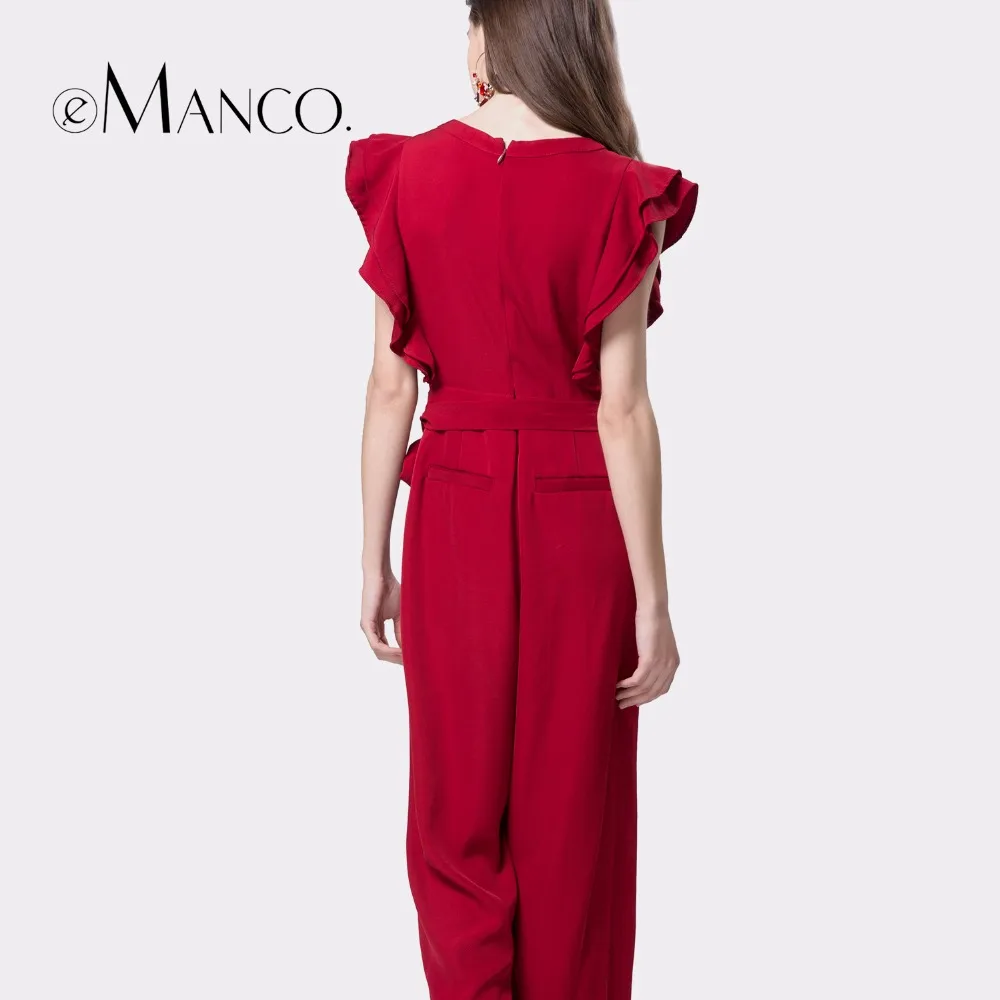 e-Manco Wide leg Elegant Long red jumpsuit Overalls for women Fashion Petal sleeve O-Neck Loose Solid Full-Length Women set