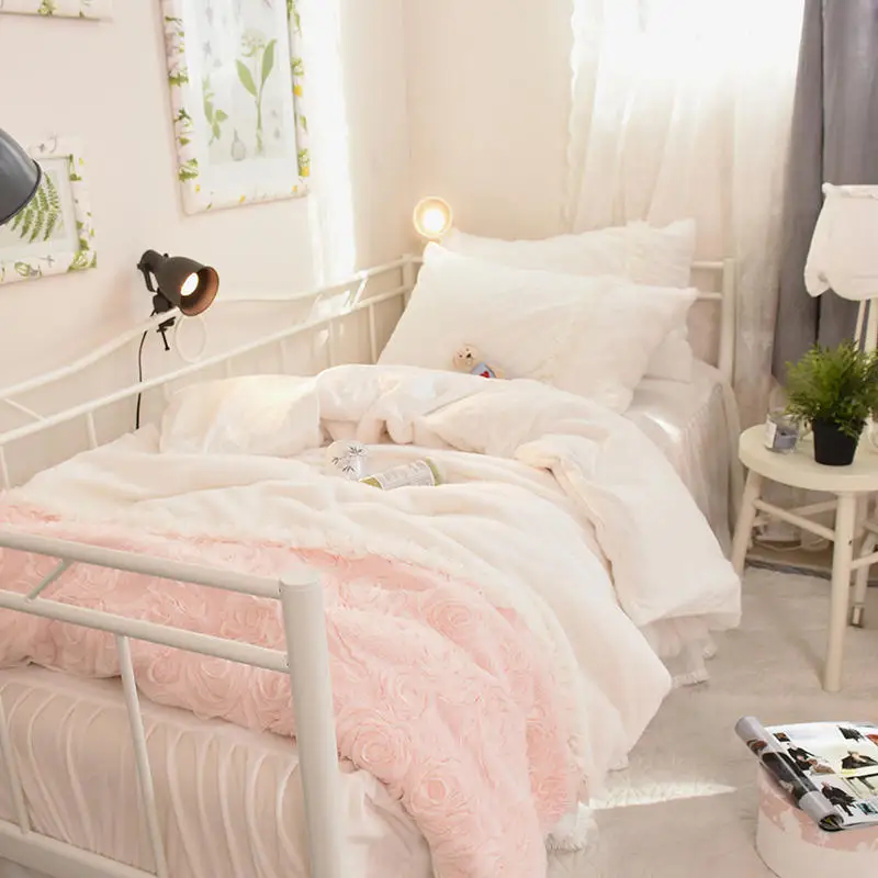 

Twin Queen King size Pink White Bedding set for Girls Thick Fleece Bed set Bed Duvet cover Bed skirt Duvet cover linge de lit
