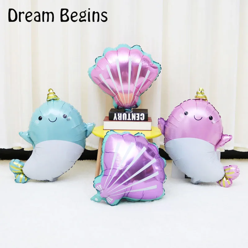 

DB 1Pcs pink purple shell foil balloons baby shower gift toy hawaii mermaid birthday party decoration sea marine animals balloon