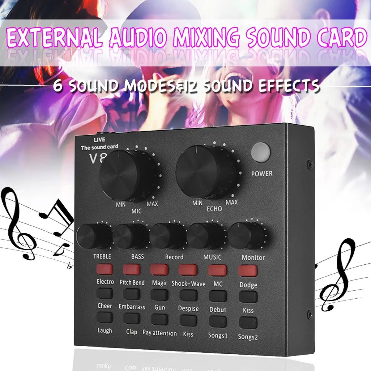 External Audio Mixer Sound Card USB Interface with 6 Sound Modes Multiple 12 Sound Effects Double DSP Noise Rreduction Mixing