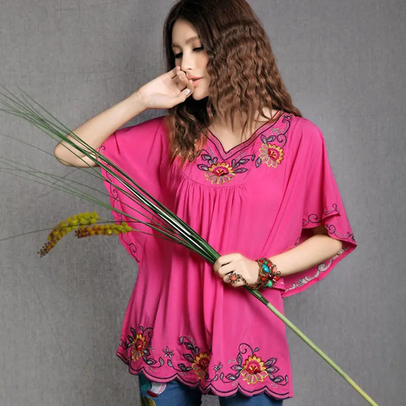 camiseta estilo vintage mexicana, floral, estilo boho, de algodão, manga curta
