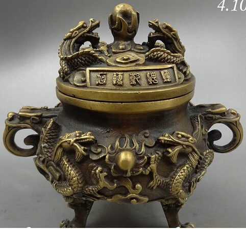0 6" Chinese Collect Bronze Buddhism Temple 9 Dragon Statue Incense Burner Censer