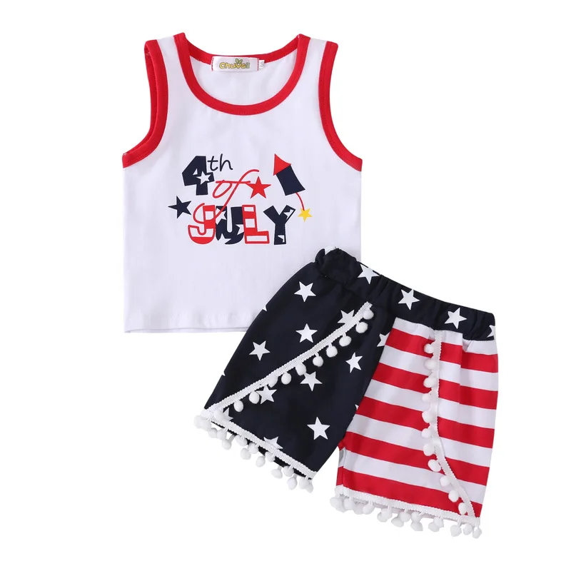 

Toddler Kids Girl Clothes Sets Summer 4th of July Sleeveless Vest Tops+Star Striped Tassel Shorts Hot Pant 2PCS Clothing Set