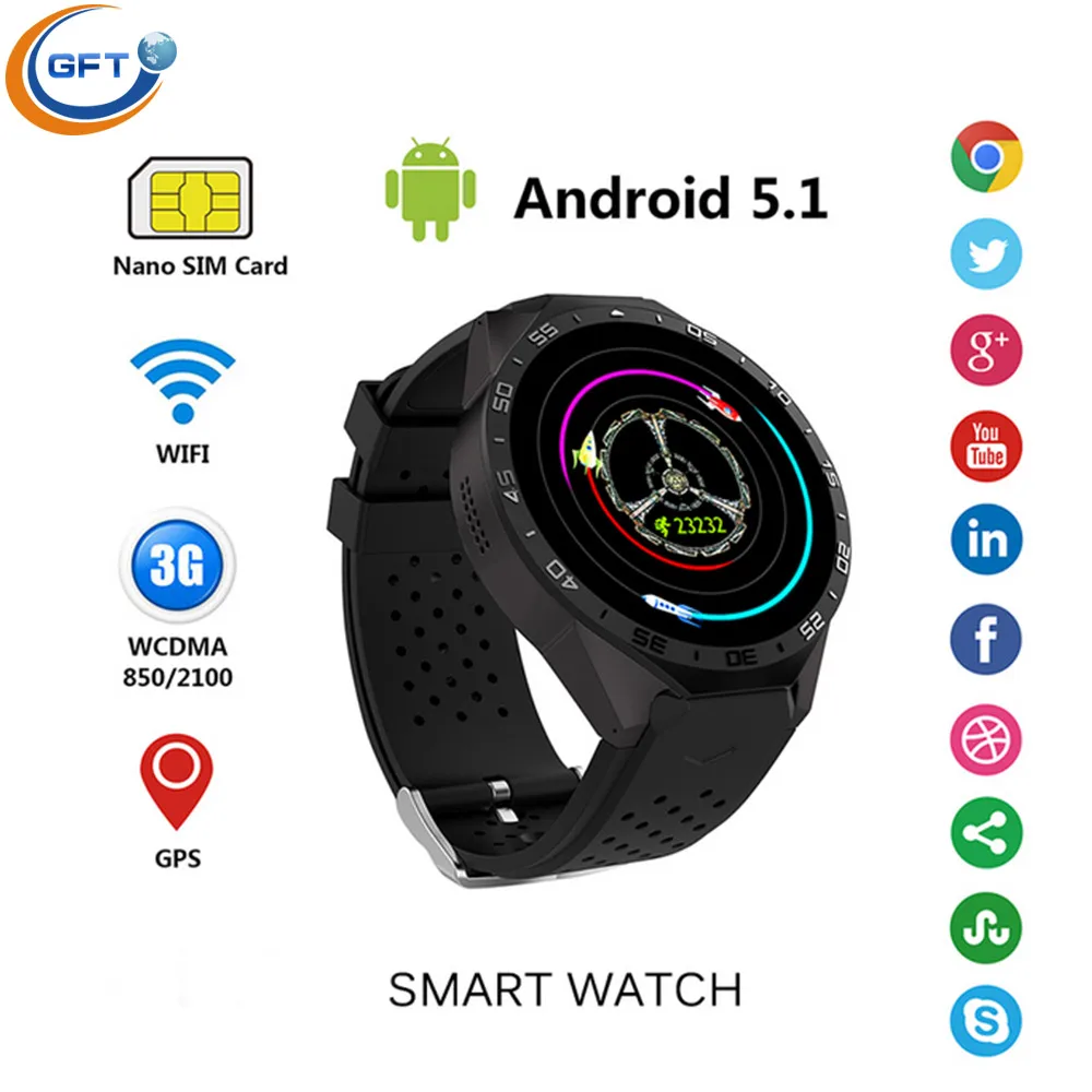 GFT KW88 3G wifi smart watch sim android 5 1 system with 512RAM 4G ROM men