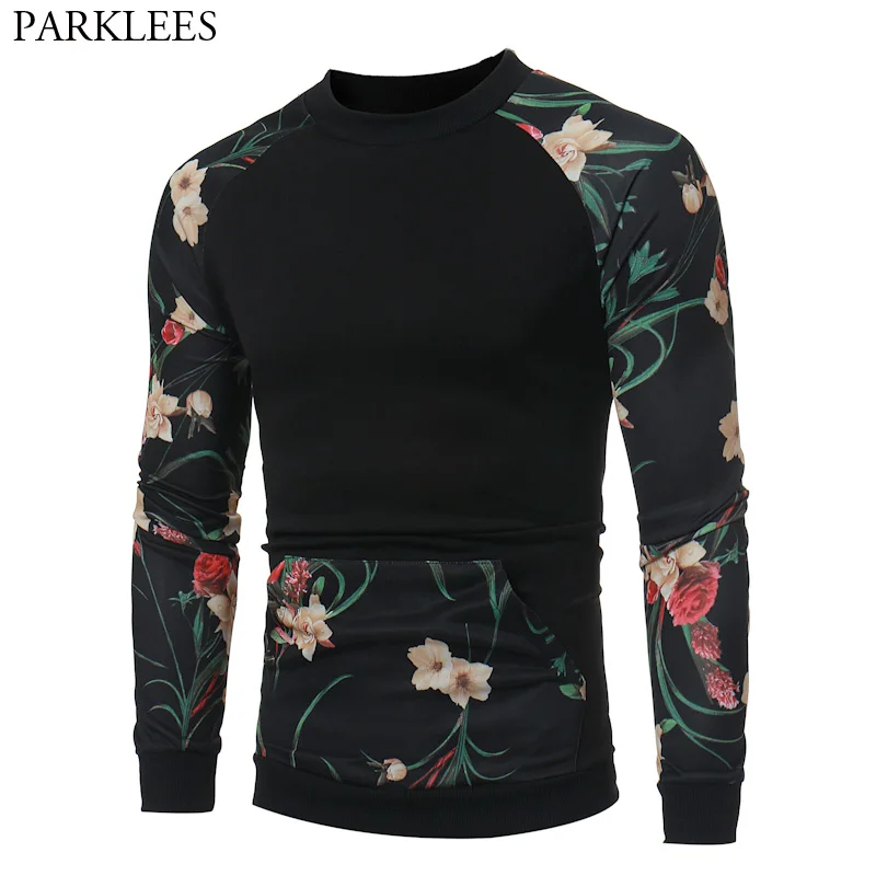 Patchwork Sweatshirt Men Women Flower Print Men Sweatshirts 2017 Autumn Fashion Raglan Sleeve Slim Fit Casual Tracksuit Men 2XL