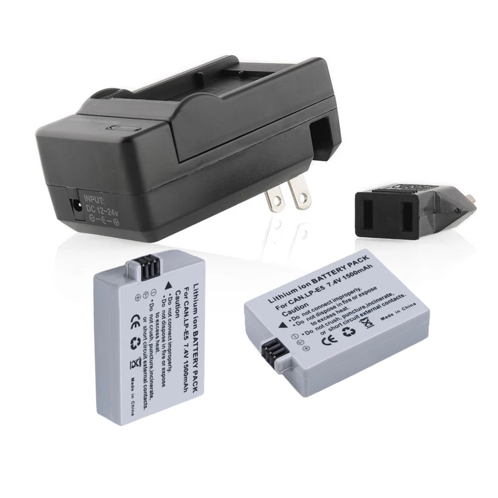 1500mAh LP E5 LPE5 LP E5 LI ION Battery (2 pack) & Charger Kit for
