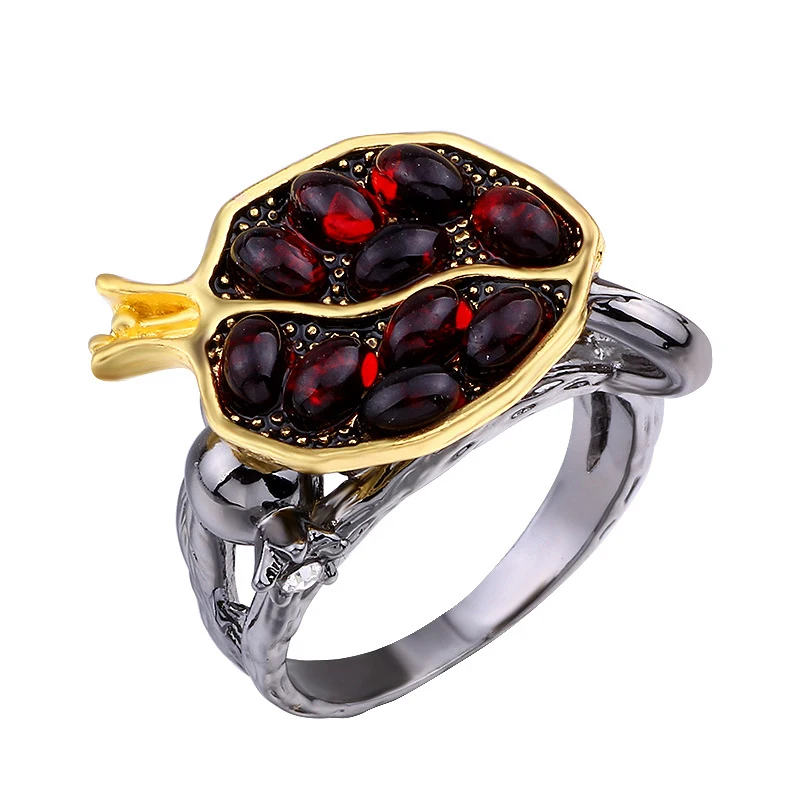 Vintage Antique Silver Big Pomegranate Red Stone Ring Crystal Cocktail Party Rings For Women Jewelry C25